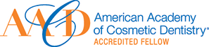 American Academy of Cosmetic Dentistry Accredited Fellow logo – Kingsport Dentist Logo of the American Academy of Cosmetic Dentistry featuring the letters “AACD” in orange and blue script, alongside the words “Accredited Fellow” – Kingsport Dentist